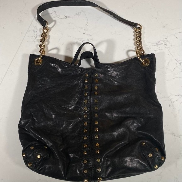 Michael Kors Black Studded Leather Shoulder Bag – Gold Chain Strap Slouchy Tote - Picture 2 of 7